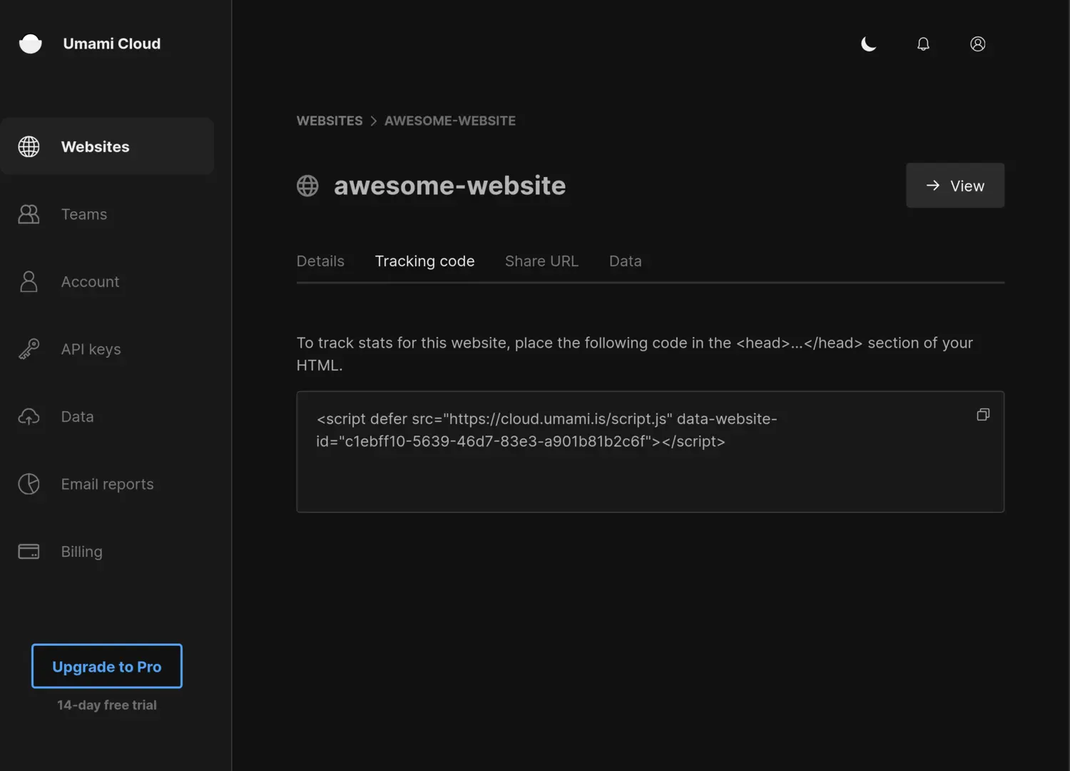 Screenshot of Umami Cloud showing a website's tracking code.